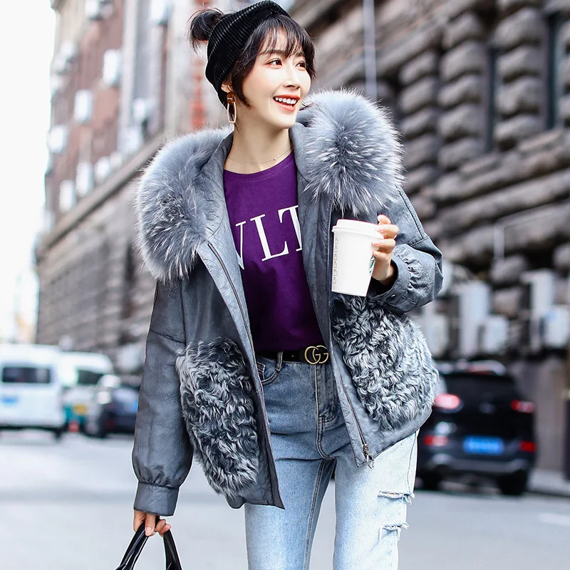 

Raccoon Dog Fur Collar Sheepskin Down Coat Korean Vintage Autumn Winter Real Genuine Leather Jacket Women Clothes 2019 ZT3451