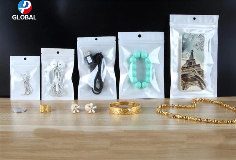 

D&P 100pcs small size self seal zip lock Clear Pearl White Plastic storage bag Pearl film Plastic Poly gift/Boutique package bag