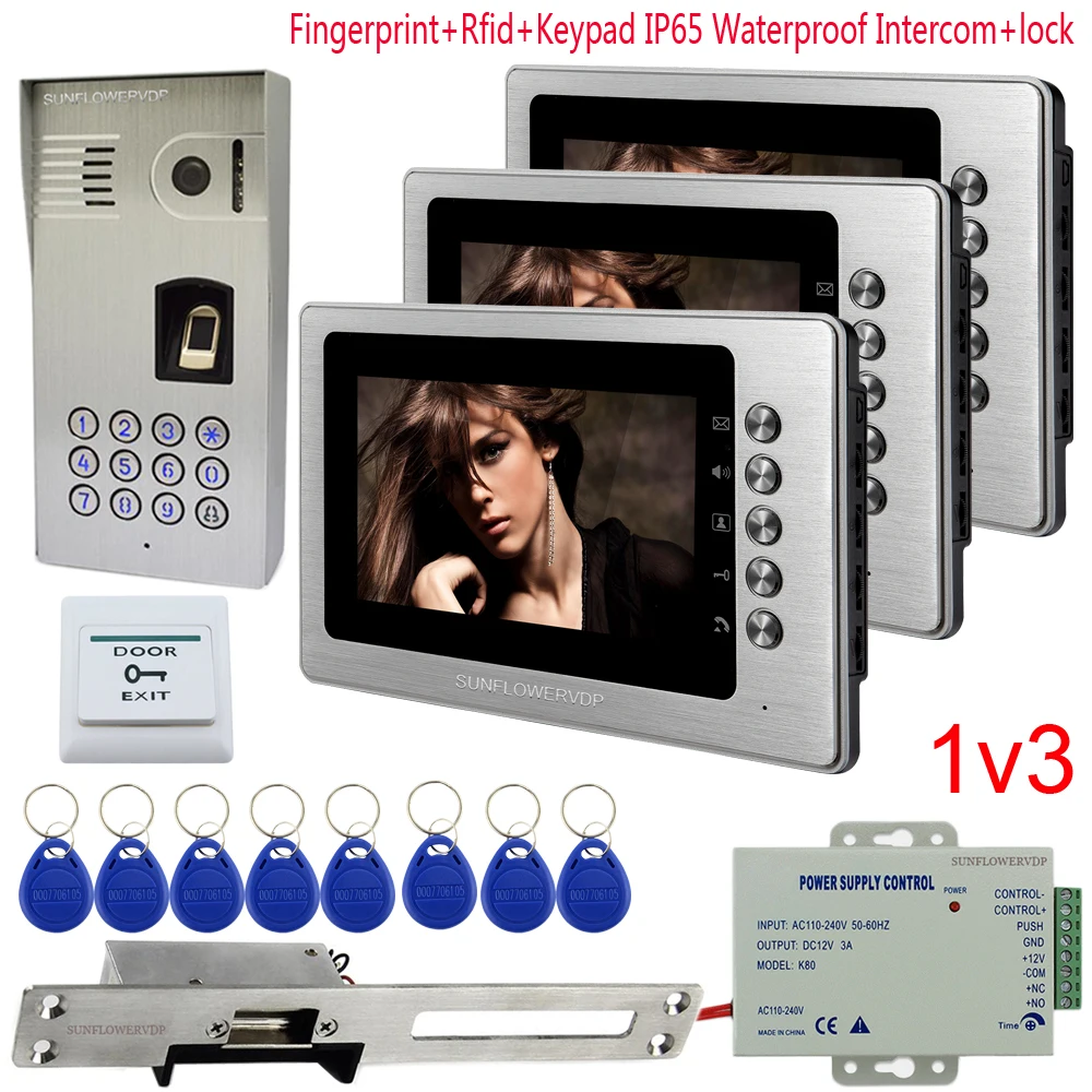 

IP65 Waterproof Electronic Doorman With Camera Fingerprint Rfid 3 Units 7" Aluminum Wire Drawing Monitor Video Entryphone +Lock