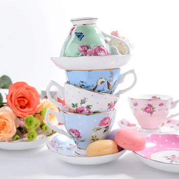 

Royal Bone China Flower Tea Cup And Saucer Set Ceramic Coffee Cup Set British Black Tea Cup Chinese Wedding Tea Set