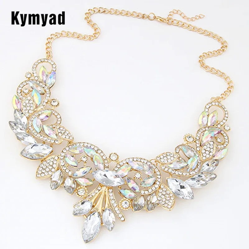 

Kymyad Exaggerated Vintage AB Crystal Statement Necklace Rhinestone Flower Pendant Necklace For Women Bijoux Collier Femme
