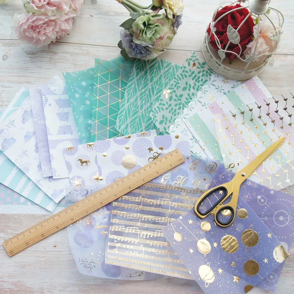 

20 Sheets DIY 10 Style 15.2*15.2cm Gold Light Purple Green Unicorn Star Leaves Craft Paper Scrapbooking Creative Paper Gift Use
