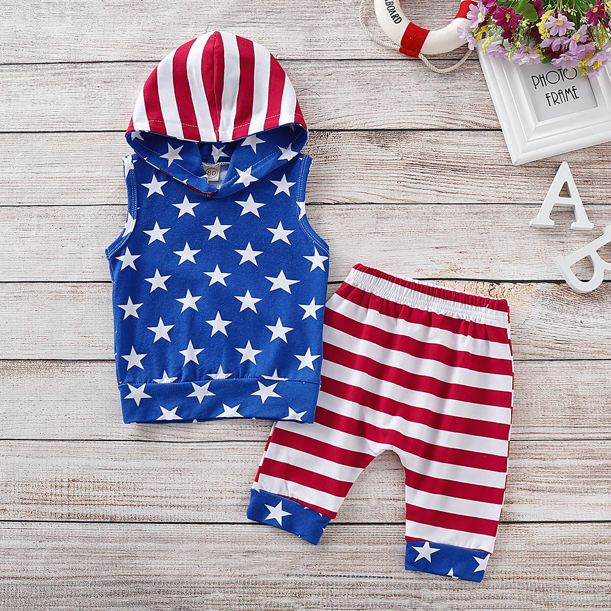 

Toddler Baby Clothes Boy Summer Set 4th of July Stars and Striped Patriotic Hooded Tops+Shorts Outfits Set Cotton Casual Set