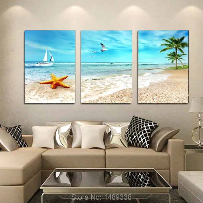 3 Panel Large Beach Canvas Seascapes Palm Tree Paintings 3 Piece Wall
