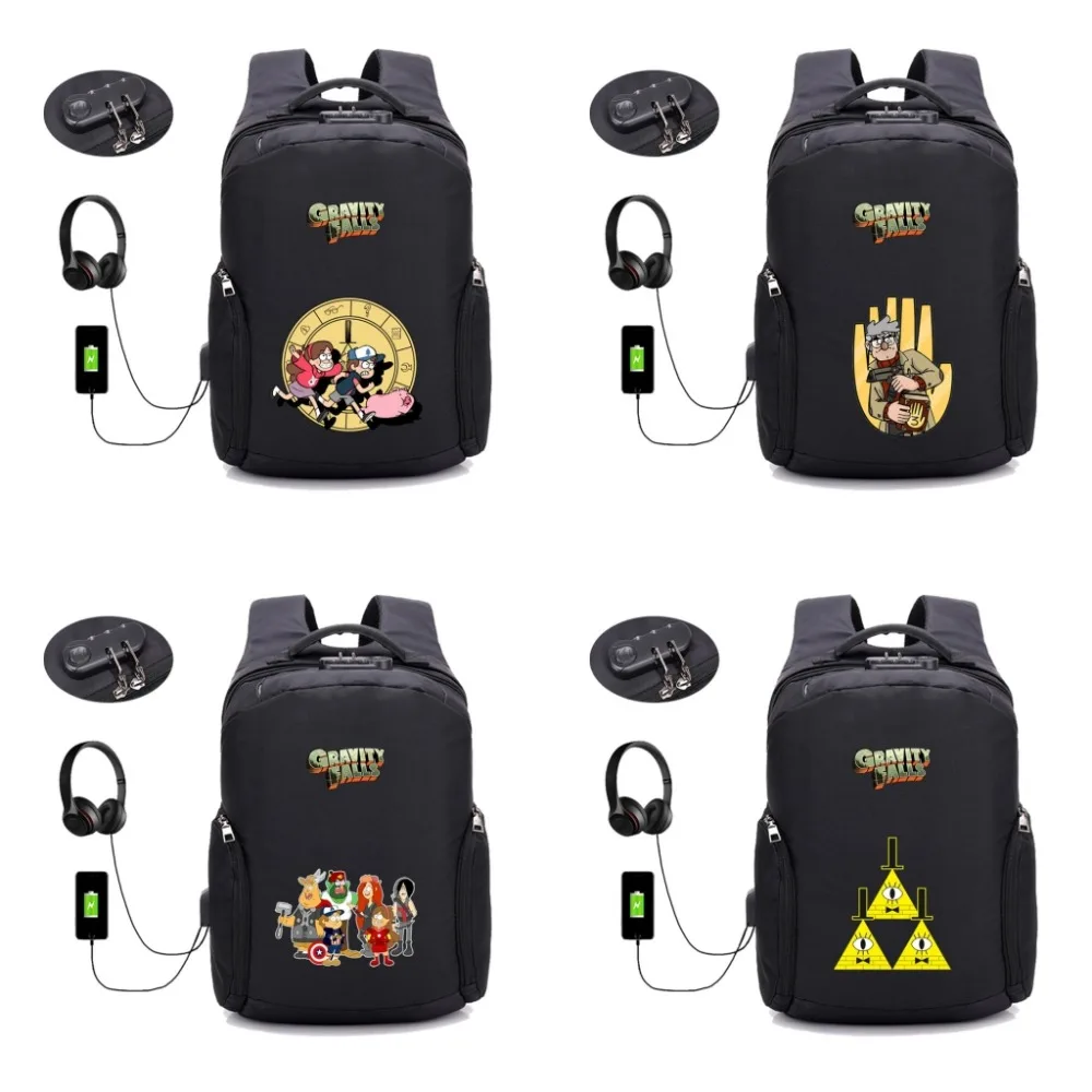 Game anime Gravity Falls backpack student book bag School Bags USB password lock bag men women travel Laptop Bag