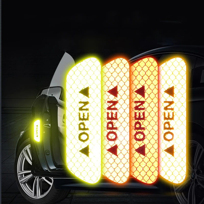 

4Pcs/set Car Door Stickers Universal Safety Warning Mark OPEN Reflector Strip Reflective Tape Motorcycle Bike Helmet Sticker