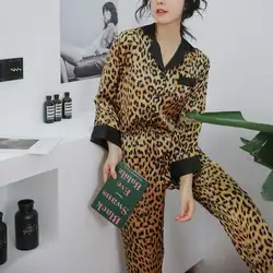 Leopard pijamas для женщин атласные пижамы пижамный комплект шелк Весна костюмы pizama damska пижамные штаны Lounge Пижама длинный рукав 994