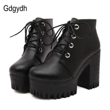 Gdgydh Marke Designer 2017 Neue Frühling Herbst Frauen Schuhe Schwarz High Heels Stiefel Schnürung Plattform Stiefeletten Chunky Größe 35-39