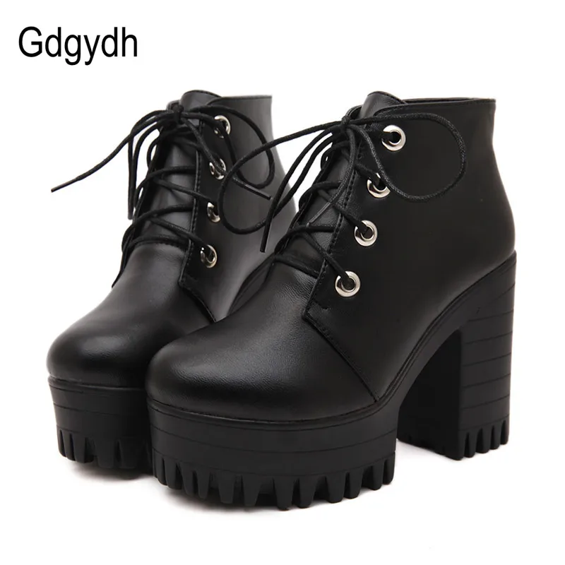 Achat Gdgydh Marque Designers 2019 Nouveau Printemps Automne Femmes Chaussures Noir Haute Talons Bottes Laçage Plate Forme Cheville Bottes Chunky Talon