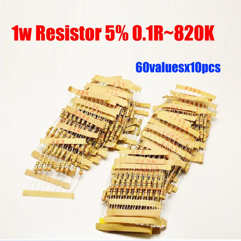 1 Вт углеродная пленка 5% 60valuesX10pcs = 600 шт. комплект резисторов 0.1R ~ 820K резистор в