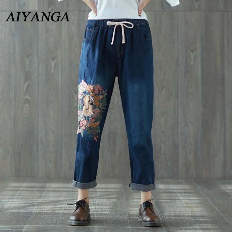 Vintage bordado Jeans 2018 primavera otoño tamaño grande suelto mujer Casual vaqueros cintura elástica pantalones vaqueros de moda|Pantalones vaqueros| - AliExpress