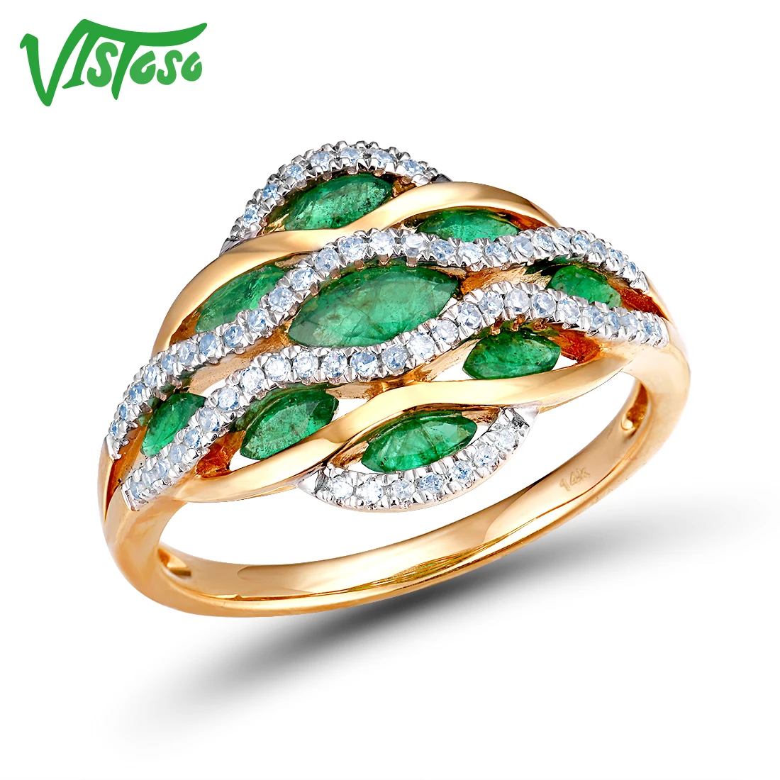 VISTOSO Настоящее 14 к 585 Желтое золото волшебное Изумрудное блестящее бриллиантовое кольцо для женщин обручальное юбилейное роскошное элегантное ювелирное изделие
