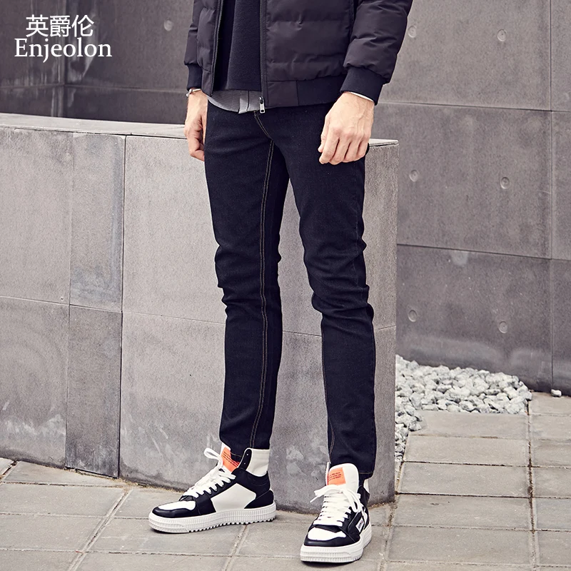 

Enjeolon brand spring quality long full trousers jeans pants man cotton Black solid hole males fashion jeans male NZ6720