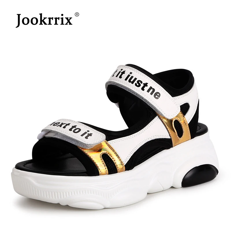 

Jookrrix Women Gold Sandals 2019 Lady Sports Beach Sandals Fashion Brand Wedges 6 cm High Summer Shoes Black Chunky Shoes Silver