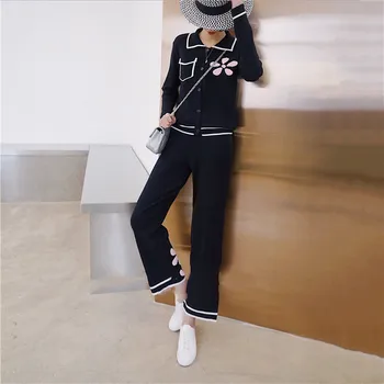 

Knit Two Piece Pants Set Women Peter Pan Collar Single Breasted Sweater Cardigan + Wide Leg Pants Set Black Top and Pants Suits