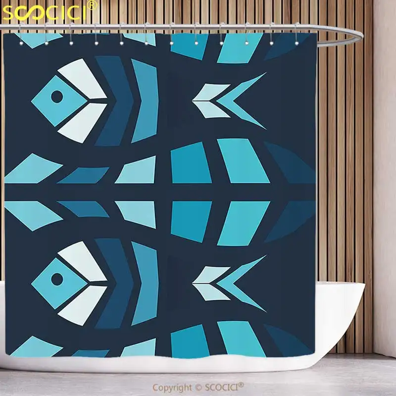 

Unique Shower Curtain Mosaic Ceramic Style Fractal Fish Icon in Depth Aquarium Sea Illustration Sky and Dark Blue Navy White