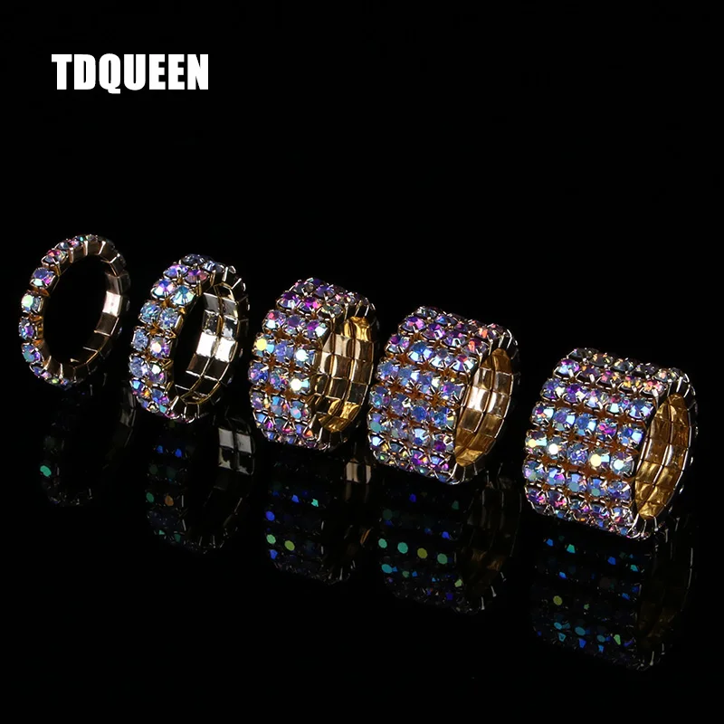 TDQUEEN 1-5 Rows AB Crystal Rings Gold Color Metal Bridal Wedding Rhinestone Elastic Stretch AB Stone Rings for Women (2)