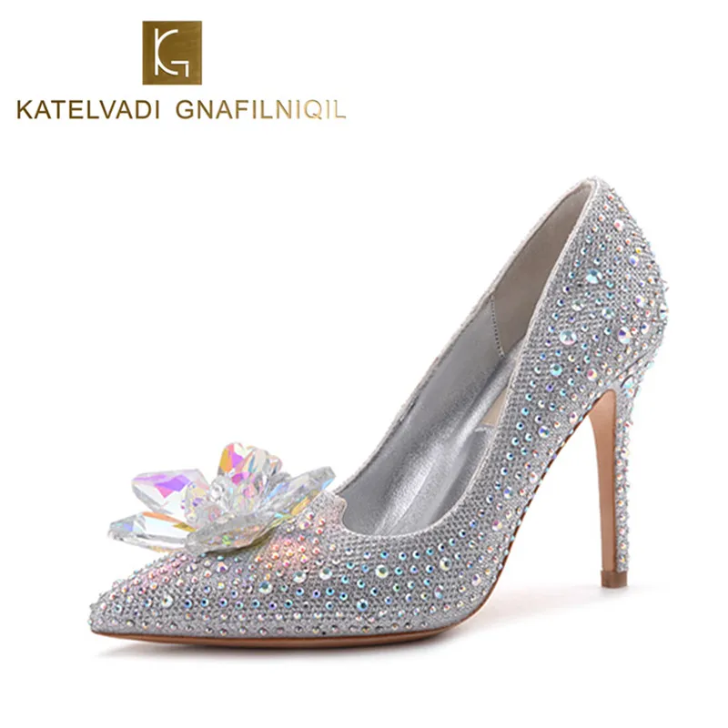 

New Women Pumps Crystal Wedding Shoes Pointed Toe High Heels Cinderella Shoes Rhinestone Butterfly Heels Shoes Woman B-0025