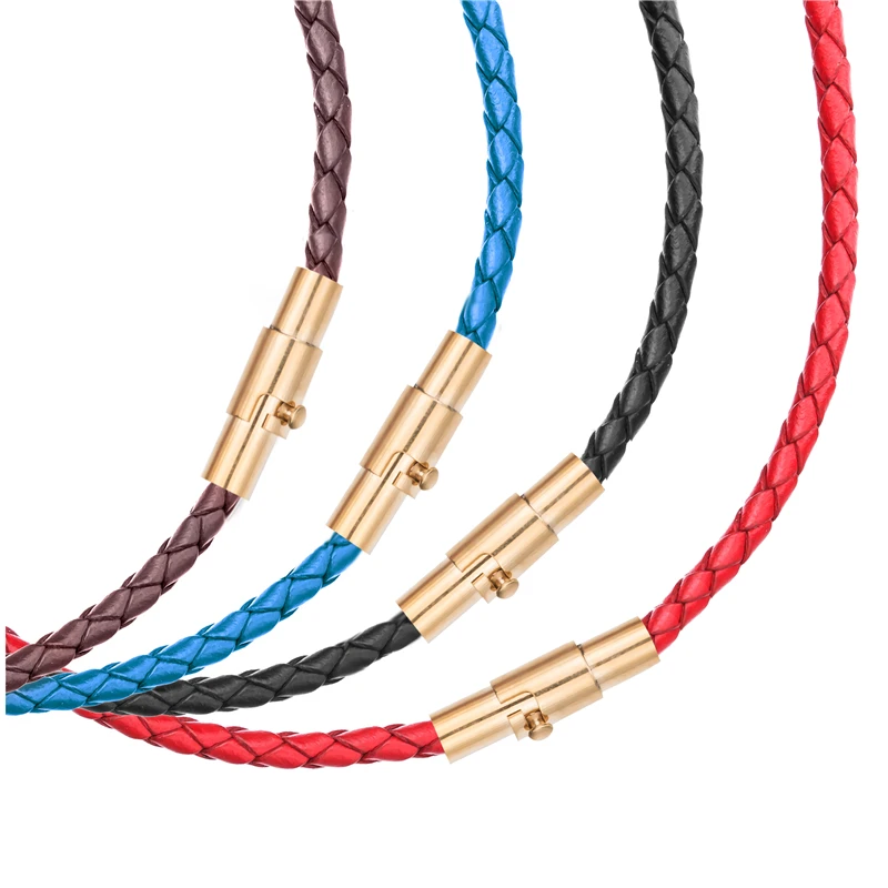 3mm Mens Womens Multicolor Braided Genuine Leather Cord Gold Stainless Steel Secure Clasp Necklace Chain Wholesale Jewelry | Украшения и