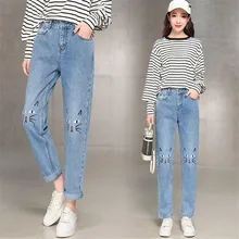 Прямые модные женские джинсы с вышивкой в виде кота; эластичные джинсы со средней талией; длина по щиколотку; женские брюки; джинсы-бойфренды