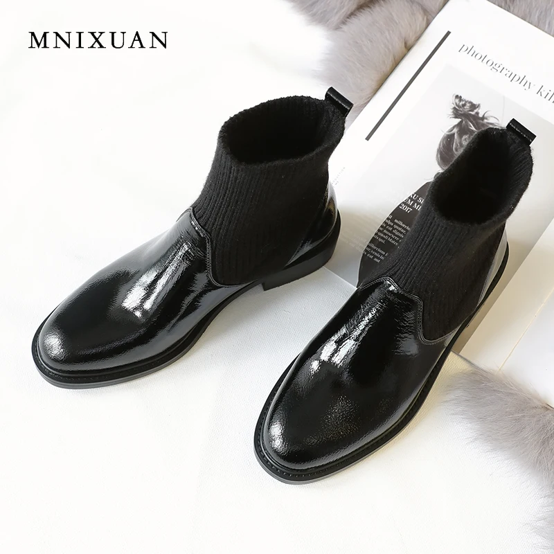 

MNIXUAN Punk western boots ankle boots for women winter shoes genuine leather round toe short handsome Martin boots plus size 40