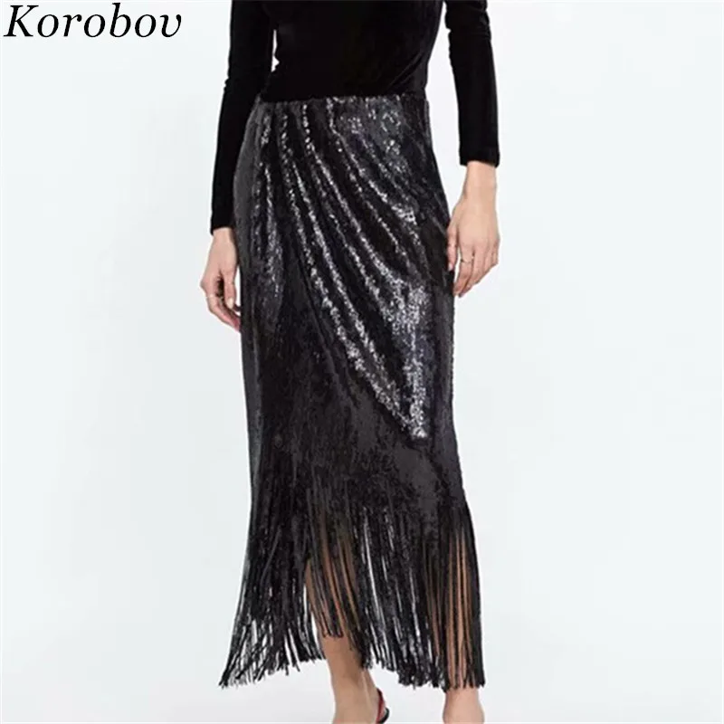 

Korobov New Fashion Sequined Saia Falda Spring Summer Female Tassel Long Skirts A-Line Split Sexy High Waist Skirt 76864
