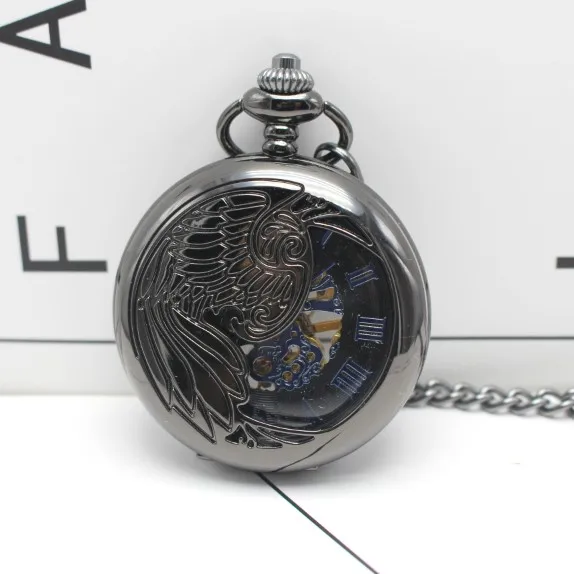 

Fashion Phoenix Wing Hollow Case Black Dial Skeleton Automatic Mechanical Men Women Pocket Watch FOB Chain Gift