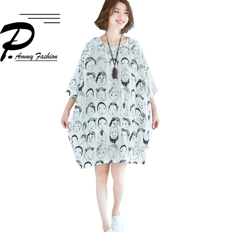 

Cute Print Batwing Sleeve Cotton & Linen Plus Size Dress 2018 Summer Large size O-Neck Lagenlook New Loose Jumper Tunics Dress