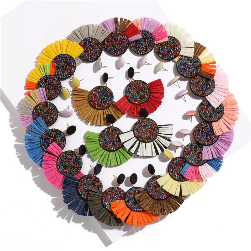 

Big Vintage Female Raffia Tassel Rhinestone Earrings 2019 Boho Over Size Colorful Drop Lafite Earring for Women Fashion Jewelry