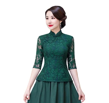 

Shanghai Story Lace Cheongsam Shirt Qipao Top 3/4 Sleeve Chinese Traditional Top Lace Chinese Blouse For Women