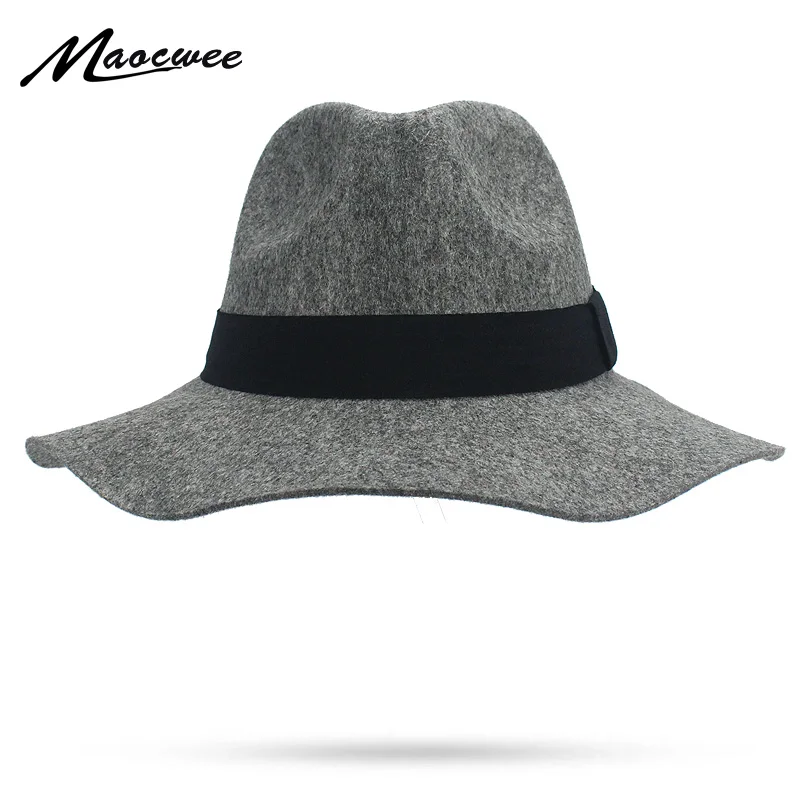 Men Black Gray Fedora Hat For Women's Faux Wool Wide Brim Jazz Chic Cap