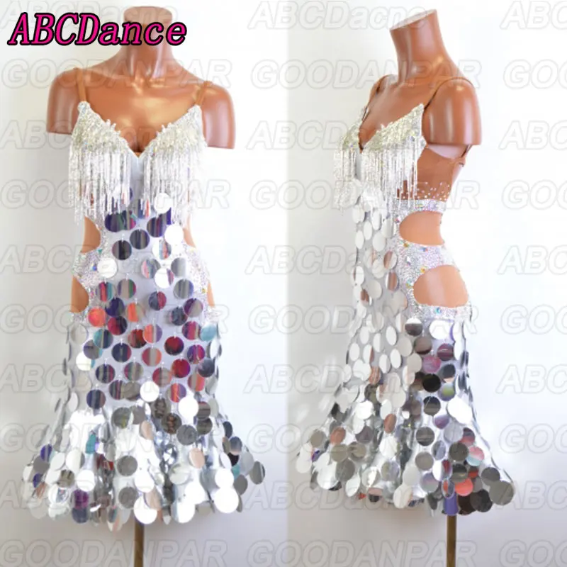 Платье для латинских танцев, женское серебряное платье с блестками для латинских танцев, платье для танго