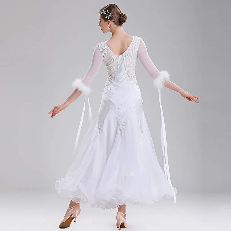 White Feather Rhinestones Ballroom Dance Competition Dresses Waltz Dance Costumes Ballroom Dress Standard Wear Women