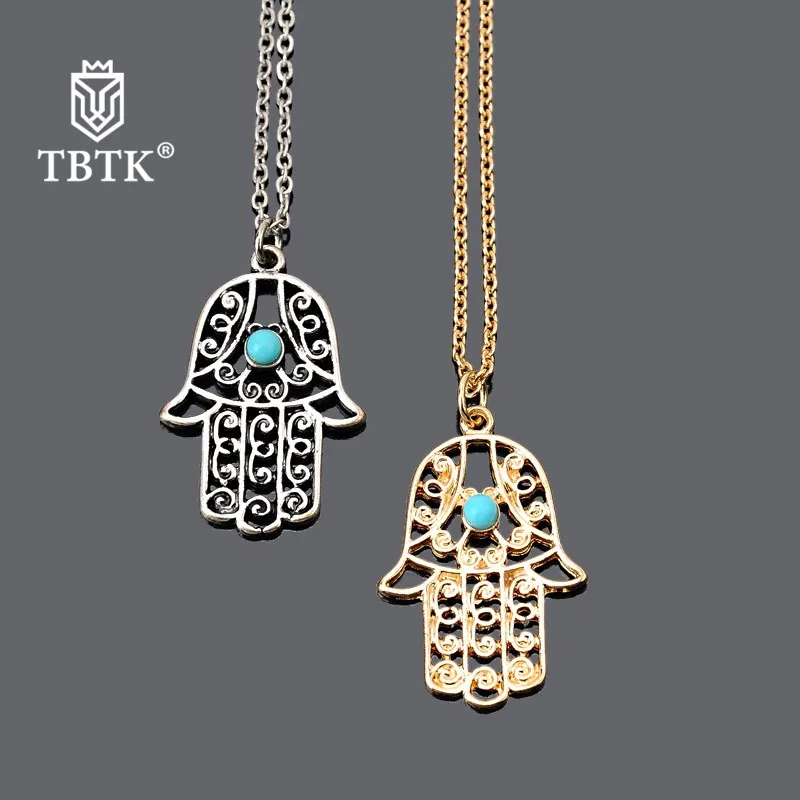 

TBTK Luck Hamsa Hand Pendants Necklace Hollow Gold/Silver Fatima Palm Hand With Beautiful Blue Stones Simple Style Jewelry Man