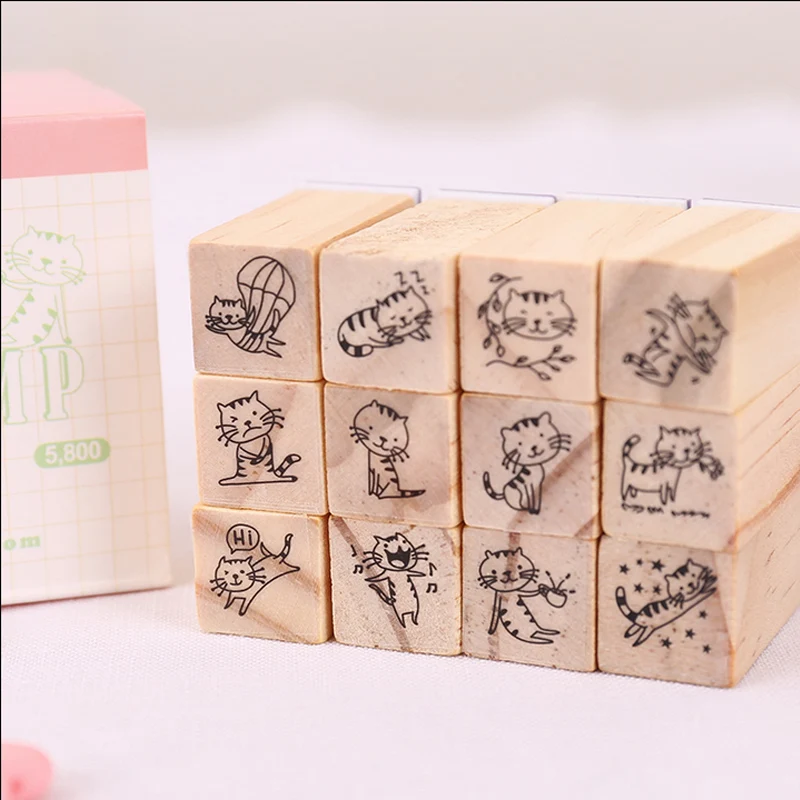 12 шт./кор. Мини милый штамп с котенком DIY Деревянные и резиновые штампы для