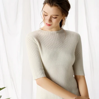 

19 Best selling ladies short-sleeved sweater half-high collar solid color knitted cashmere sweater high-end comfortable blouse