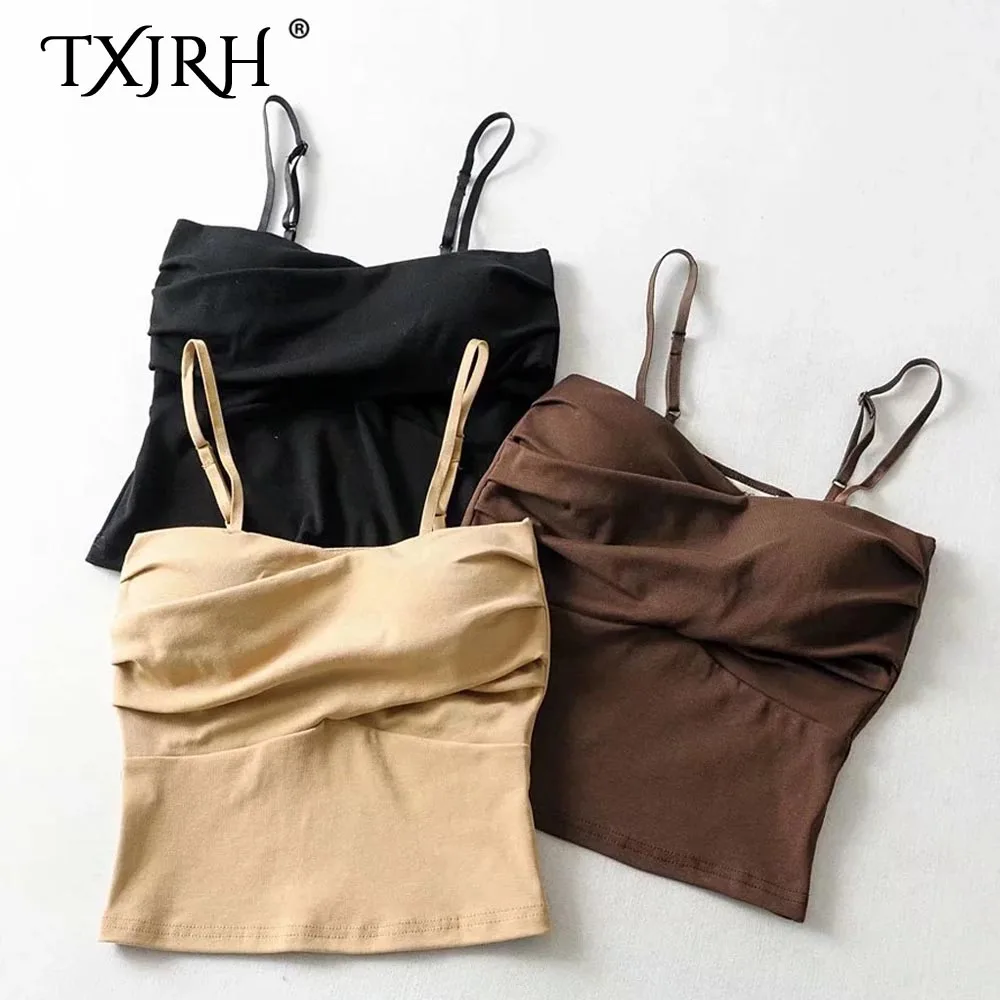 

TXJRH Sexy Camis Chest Cross Fold Deep V-Neck Pullover Backless Off Shoulder Spaghetti Strap Silm Underwear Crop Tops 3 Colors