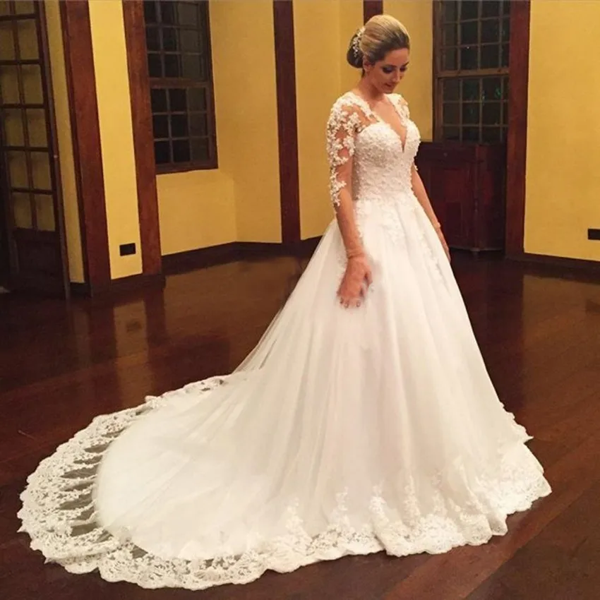 2016 Vintage Lace Long Sleeve Muslim font b Wedding b font font b Dress b font