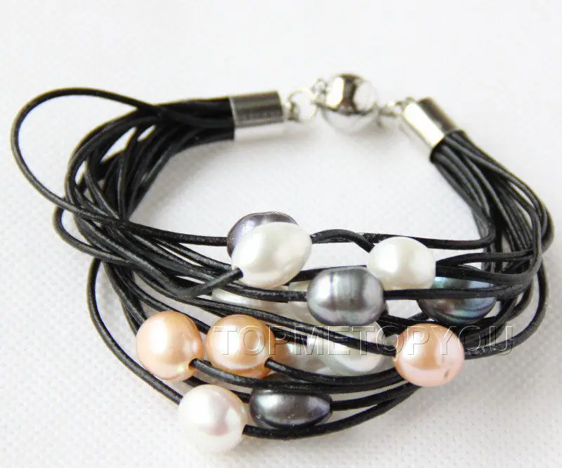 

Free shipping hot sale Women Bridal Wedding Jewelry >>15Strands white pink black pearls black leather bracelet magnet e2360