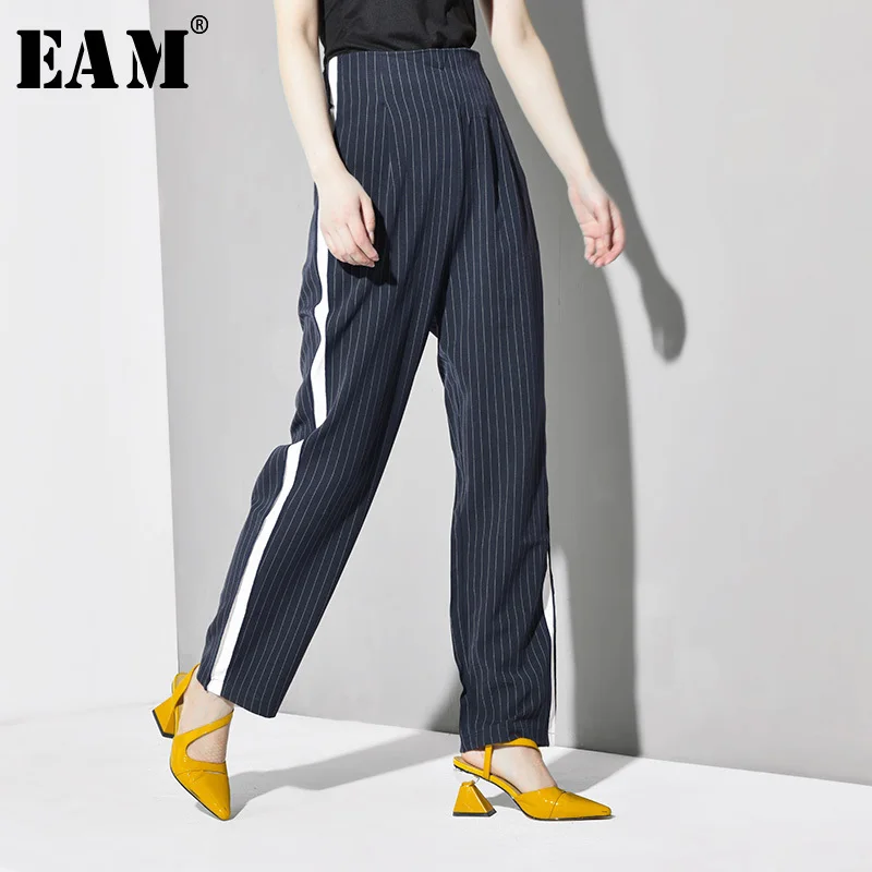 

[EAM] 2019 New Spring Autumn High Elastic Waist Blue Striped Split Joint Wide Leg Loose Pants Women Trousers Fashion Tide T4401