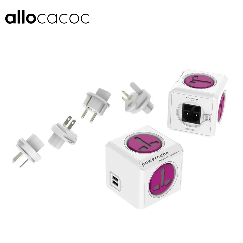 

Allocacoc PowerCube Socket 4 Outlets Dual USB Ports Adapter EU / US / UK / AU Purple Travel Universal Specification Plugs