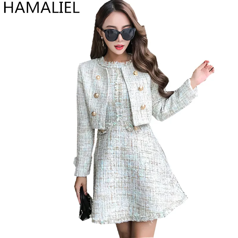 

HAMALIEL Runway Tweed 2 Piece Set Dress 2018 Designer Winter Women Short Jacket Coat + Mini Tank Tassel Wool Blend Skirt Suits