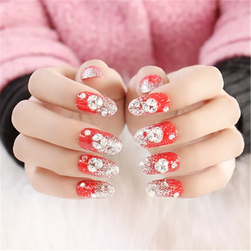24 Pieces Full Cover Fake Nails Rhinestone Decoration Bride Fake Nail Patch Red Festive Nail Tool 5