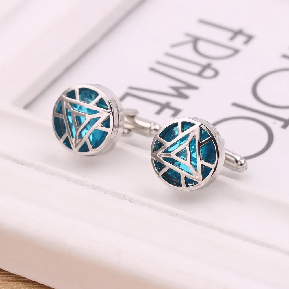 

Iron Man Energy Ball Blue Cufflinks Superhero Iron Man Avengers Triangle Logo Round Cufflinks For Men Party Gift Shirt Jewelry