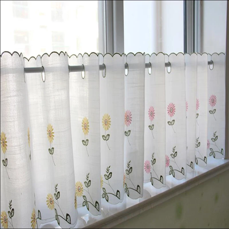 

pink yellow daisy Embroidery Semi-blackout tull Kitchen window curtain white Sheer Cafe door Bay room Curtain eyelet