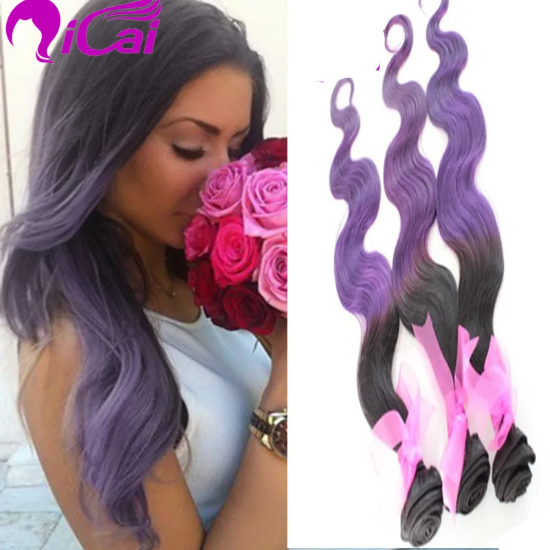

Ombre 2 Tone 1B/Purple Hair Weave Grade European Virgin Remy Human Hair Extension 3 Bundles Body Wave Ombre Purple Hair Weaving