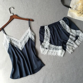 

1Set Summer Sexy Patchwork Lace Women Shorts Pajama Set Breathable Spaghetti Strap High Waist Shorts Female Lingerie Nightwear
