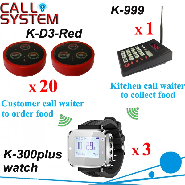 Restaurant pager caller service 1 kitchen worker calling device 3 wrist receiver and 20 table buzzer for guest use