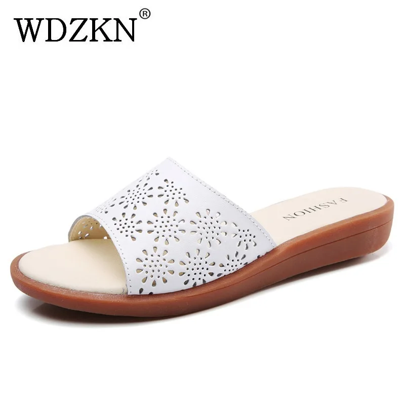 

WDZKN Women Slippers Summer Slides Soft Split Leather Peep Toe Low Wedge Hollow Outside Slip On Slippers Shoes Size 35-41
