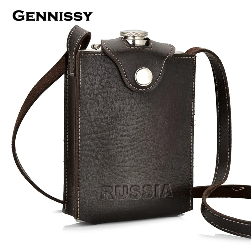 

GENNISSY Russian Letter Pattern 9 OZ Stainless Steel Flagon Removable Brown Holster Buckle Hip Flask Men Portable Whiskey Flasks